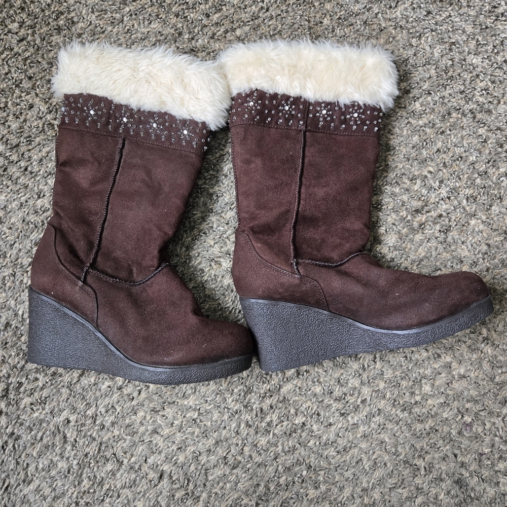 Y2K American Eagle Outfitters Brown Wedge Boots with Faux Fur Size 8.5